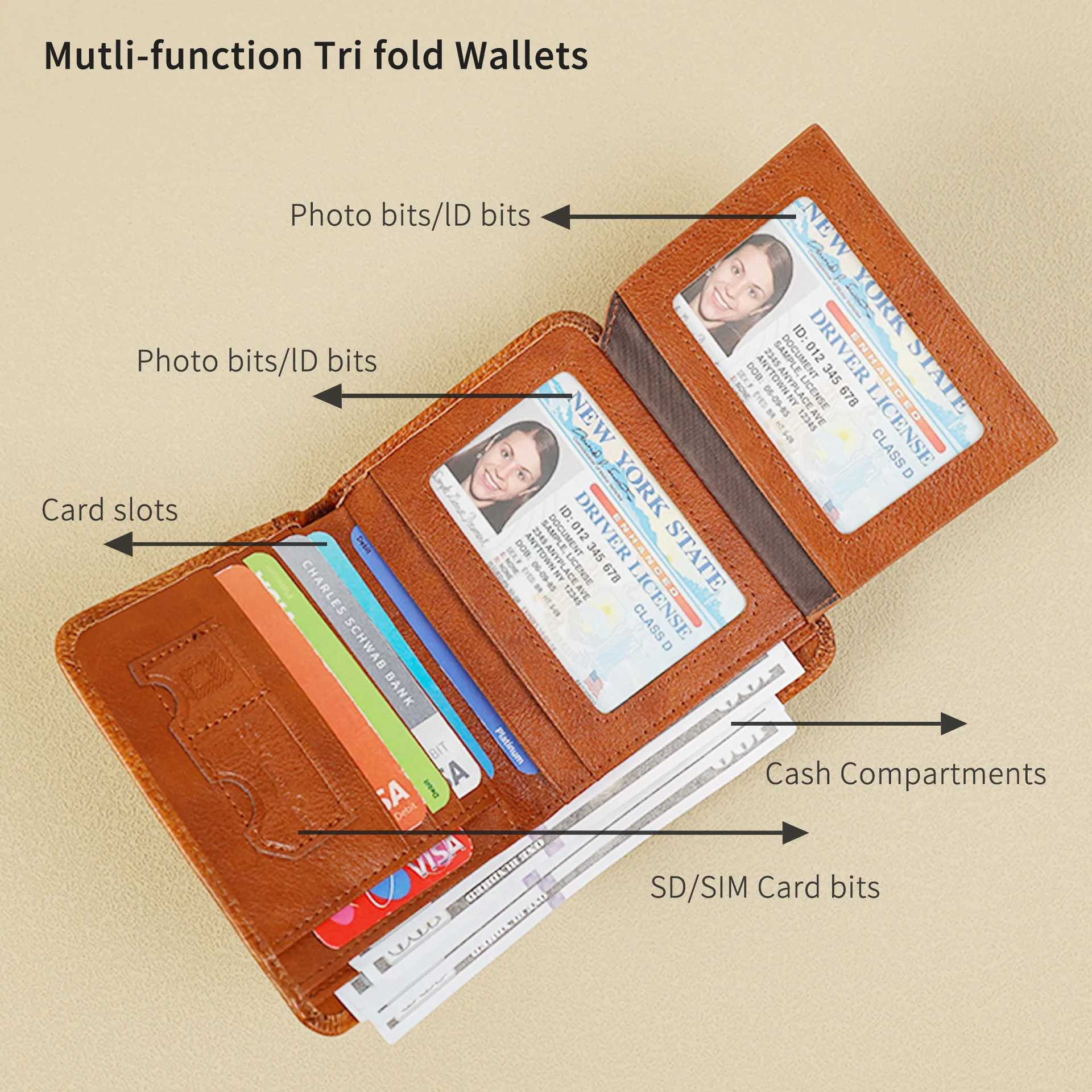 Premium Genuine Leather RFID Blocking Trifold Men's Wallet with ID Window and Card Holder