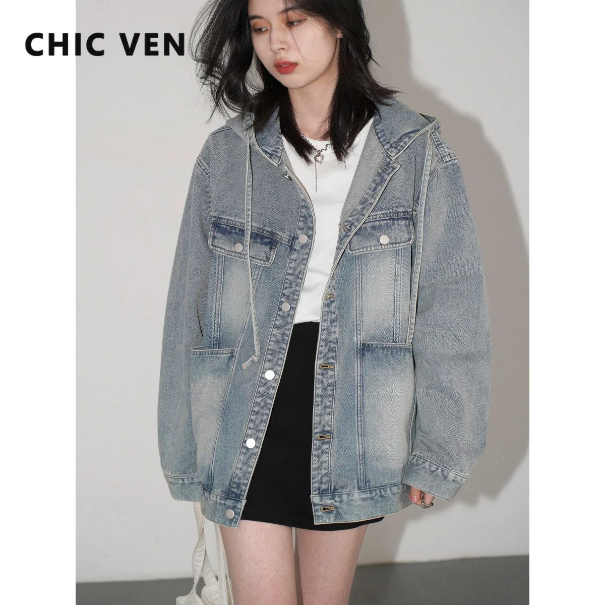 

CHIC VEN Women Denim Coat Blue Single Breasted Streetwear Hooded Denim Jacket Casual Loose Female Overcoat Spring Autumn 2024