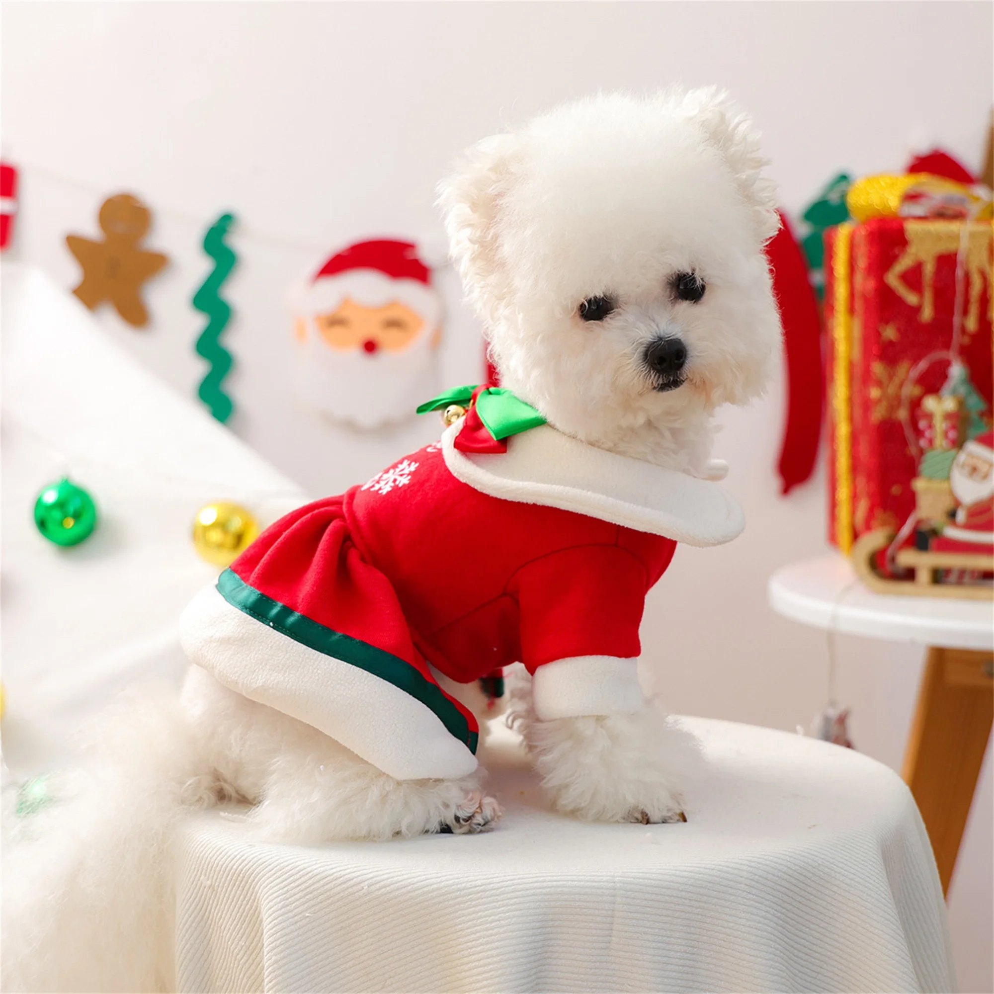 Christmas Dog Dress with Jingle Bell Collar and Festive Bow Tie Adorable Button-Up Pet Outfit for Holiday Celebrations and