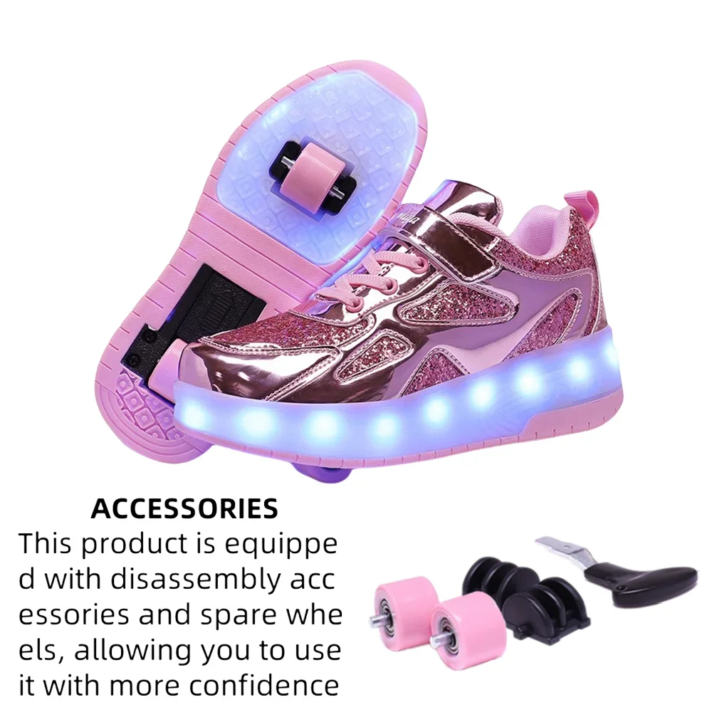 Women 2-wheel Roller Skate Shoes Trend Girls' Shoes With LED Retractable Child Dual-Purpose Casual Sneakers With Wheels