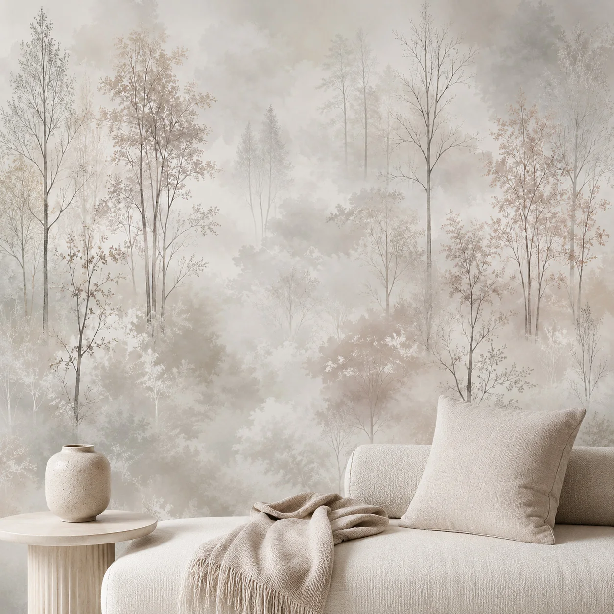 Papier peint mural Forêt brumeuse neutre, paysage boisé beige, arbres, salon, chambre à coucher, non auto-adhésif 1