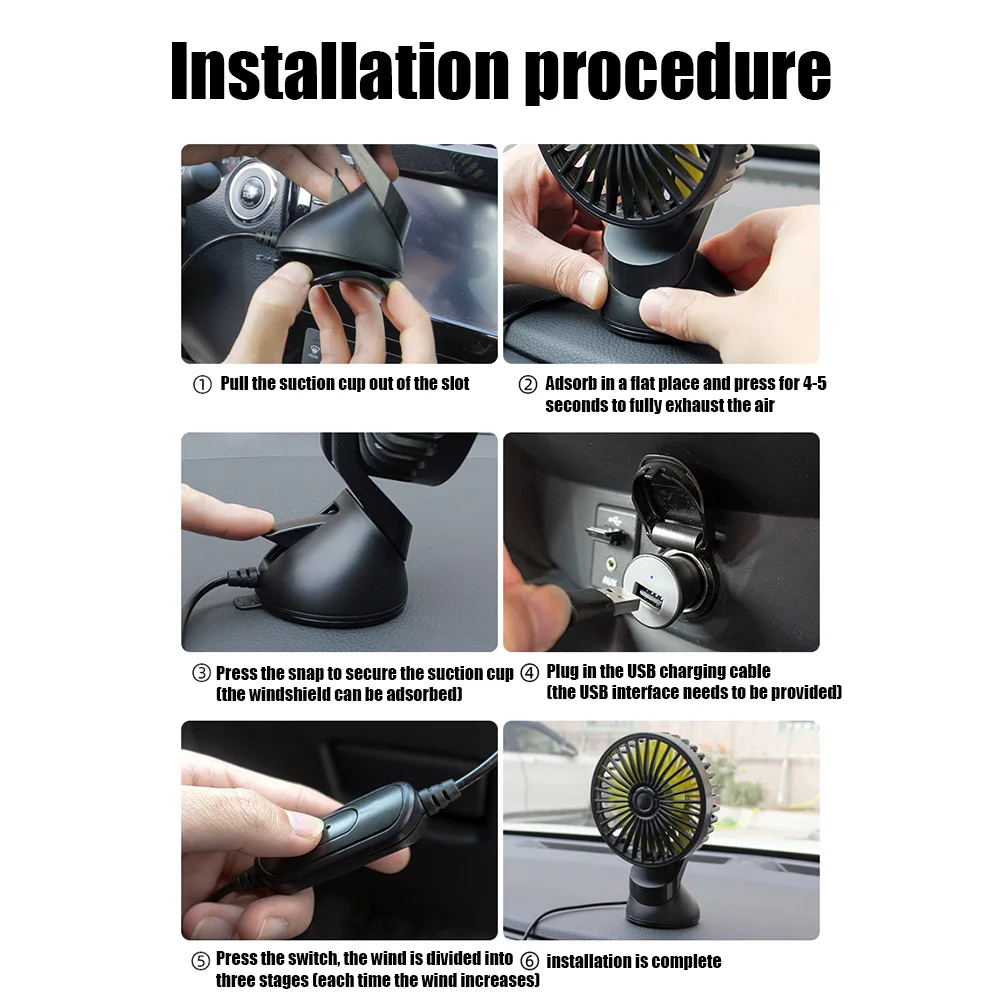 USB Car Fan Windshield Desk ABS Three Speeds Summer Cooling Fan Accessories for Vehicle Home Office with Suction Cup