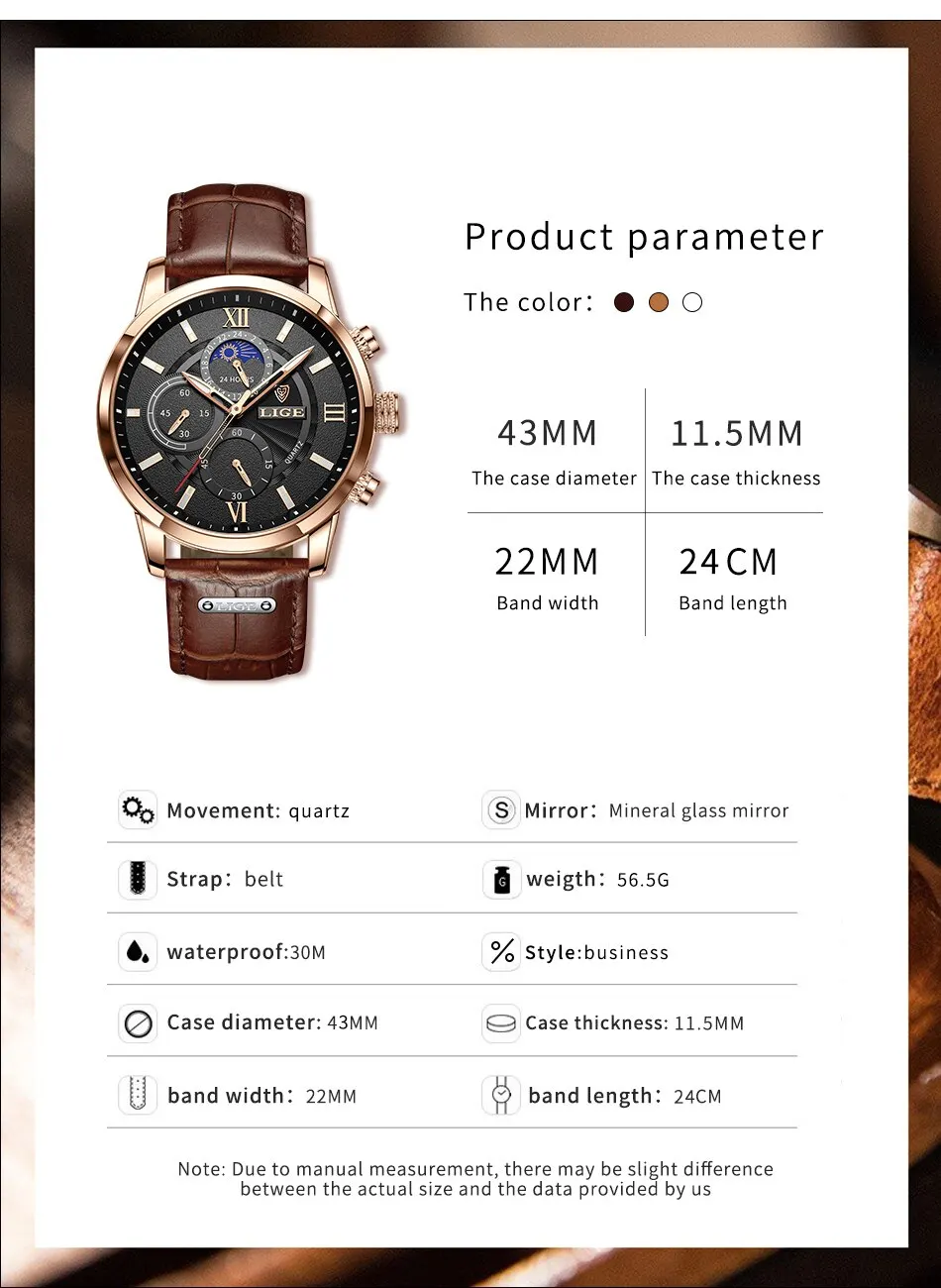 Lige Luxury Brown Leather Casual Quartz Wristwatch for Men | Diversi