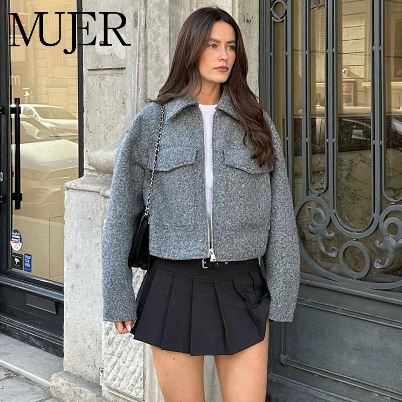 MUJER Tweed Cropped Jackets for Women Zip Bomber Jacket