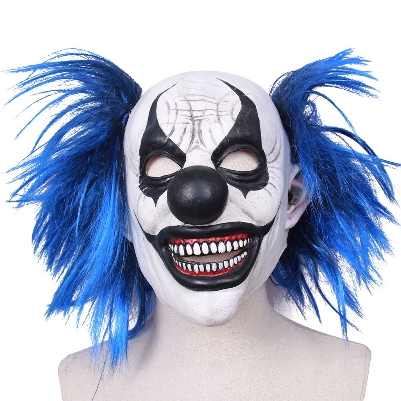 

Realistic Latex Blue Hair Smiling Clown Mask Halloween Haunted House Headgear Party Cosplay Scary Props