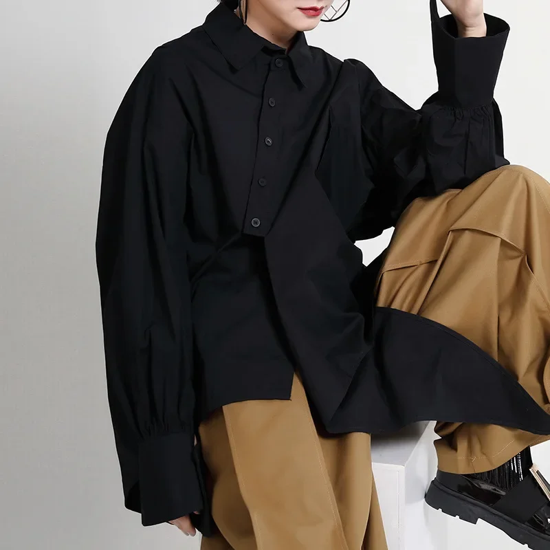 

Asymmetrical Shirts For Women Lapel Long Sleeve Single Breasted Spliced Pockets Loose Folds Solid Spring Blouse Female