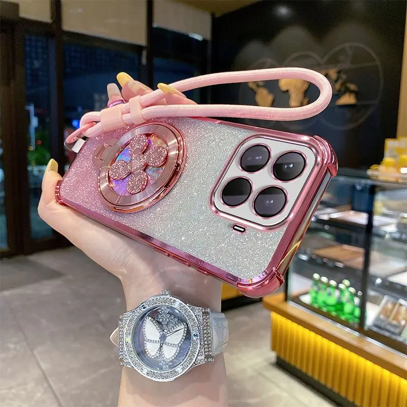 Gradient Glitter Holder with Hand Strap Electroplated Phone Case