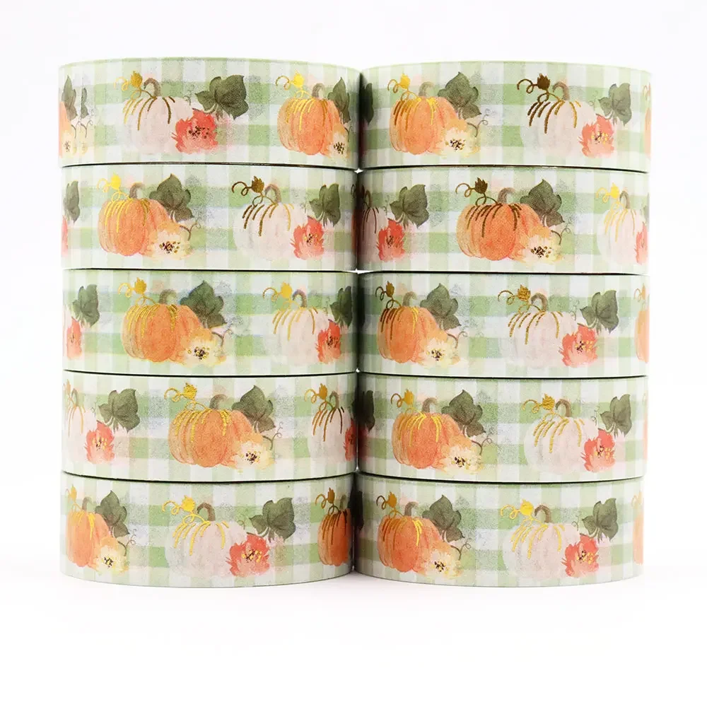 1PC 15MM*10M Gold Foil Seamless Watercolor Pumpkins Fall Leave Stripes masking Tape Sticky Adhesive Tape Scrapbooking Washi tape