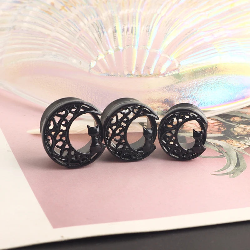 wholesales 6-16mm black cat on moon stainlesss steel ear tunnels and plugs double flare earrings gauges stretcher kit body pierc