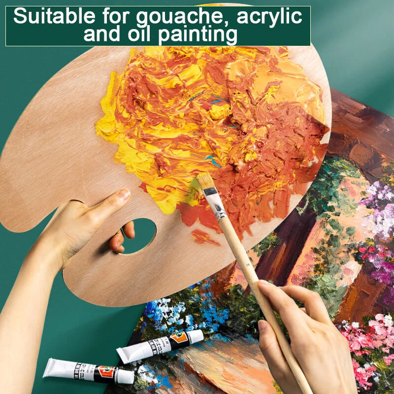 Large Wooden Square & Oval-Shaped Artist Painting Wood Palette with Thumb Hole Wood Paint Color Mixing Tray Easy Clean