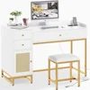 Office Furniture Desk Sets, Computer Desk And Chair Set, White And Gold Desk With 3 Drawers And Rattan Cabinet,Home Office 1