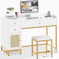 Office Furniture Desk Sets, Computer Desk And Chair Set, White And Gold Desk With 3 Drawers And Rattan Cabinet,Home Office 1