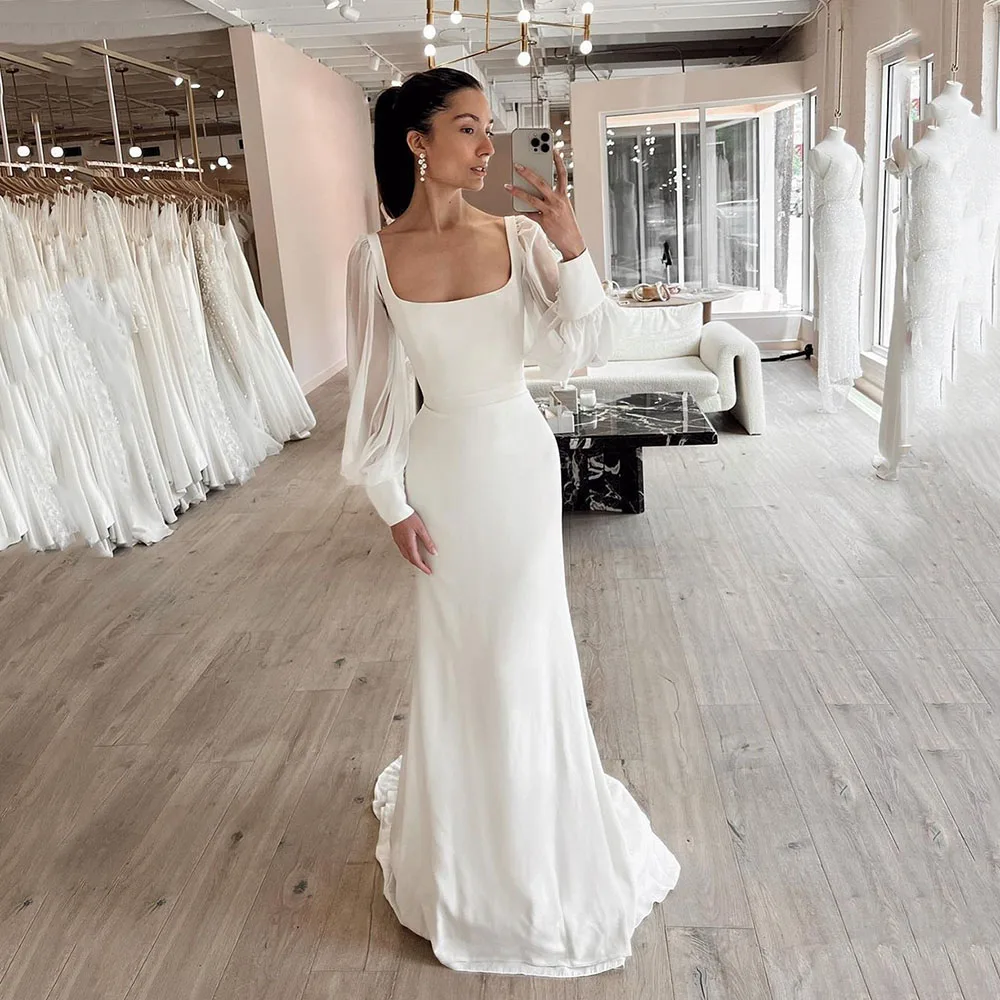 SoDigne Dubai Simple Wedding Dresses For Woman 2023 Long Sleeves Square Neck Bride Gowns Customized Bridal Gown vestido de novia 2