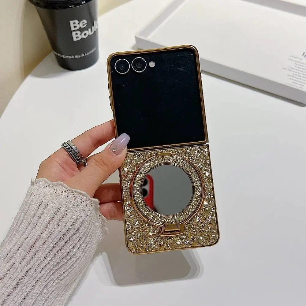 Luxury Glitter Magnetic Bracket Case with Mirror Holder and Shiny Diamonds Cover