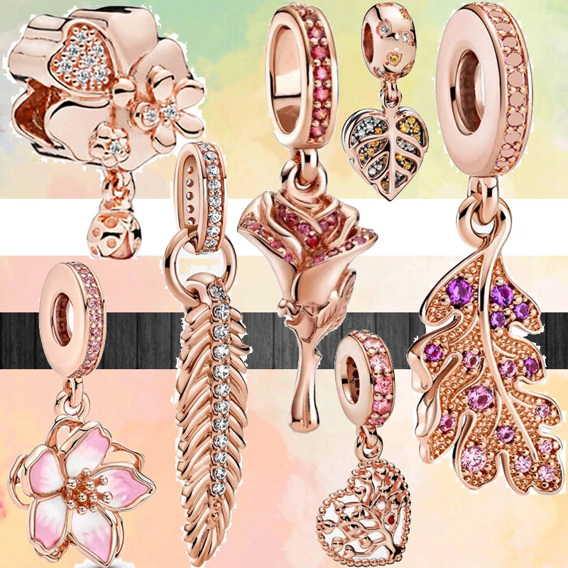 

New Rose Gold Color Flower Pine Leaves Tree Love Pendant DIY Bead Fit Original Pandora Charm Silver Color Bracelet Women Jewelry