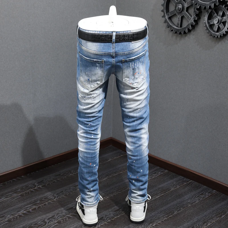 High Street Fashion Men's Patched Jeans Vintage Light Blue Elastic Tight Split Jeans Men's Designer Vintage Denim Pants Hombre