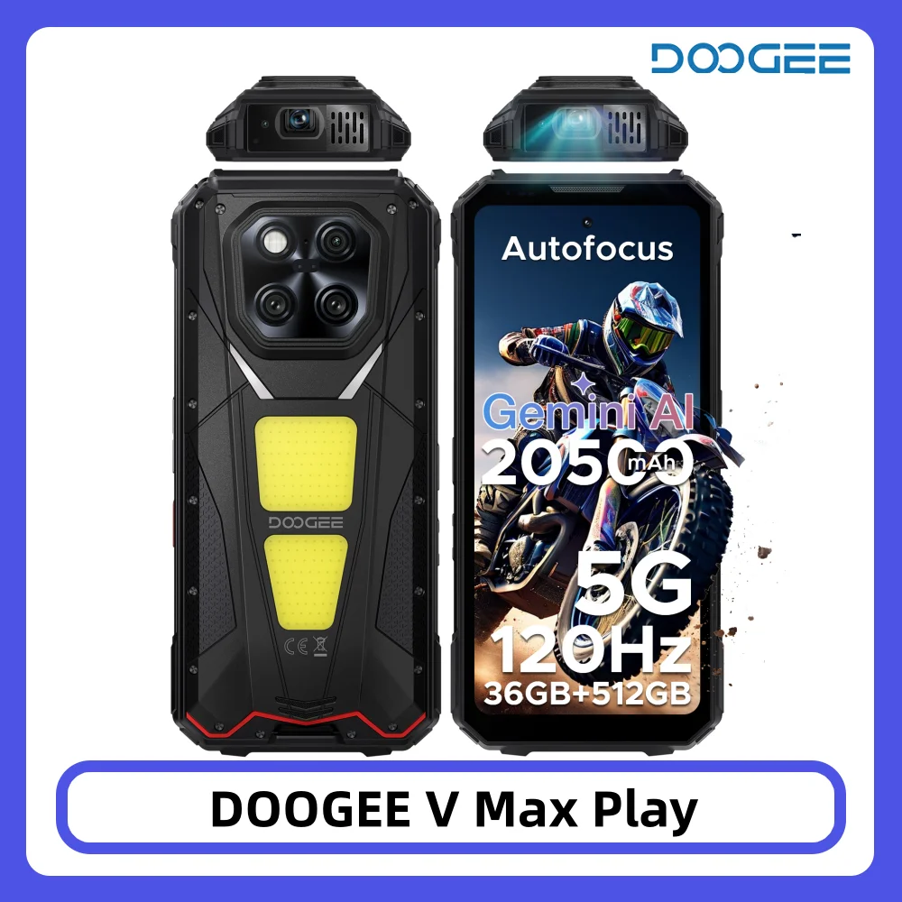 DOOGEE V Max Play Projector Rugged Phone 36GB 512GB 6.78" 120Hz Dimensity 7300 200MP Camera 20500mAh Dual Camping lights NFC