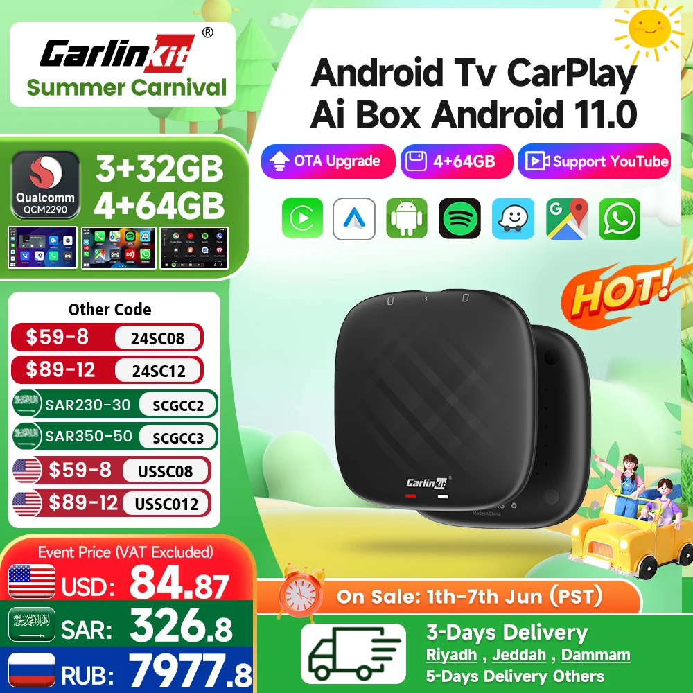Carlinkit CarPlay Mini Ai TV, pudełko Andoroid 11 bezprzewodowy CarPlay Android Auto dla Audi Bmw Mazda Toyota 4G LTE 128G