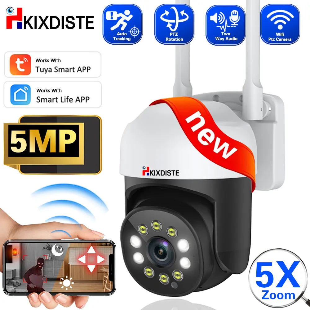 5MP Tuya Wireless Outdoor Camera 5X PTZ Zoom Surveillance Cameras With Audio IP Camera For Smart Life Home Security Protection 5mp ptz ip camera outdoor 5x optical zoom wifi wireless surveillance camera works with sim card cctv security protection camhi