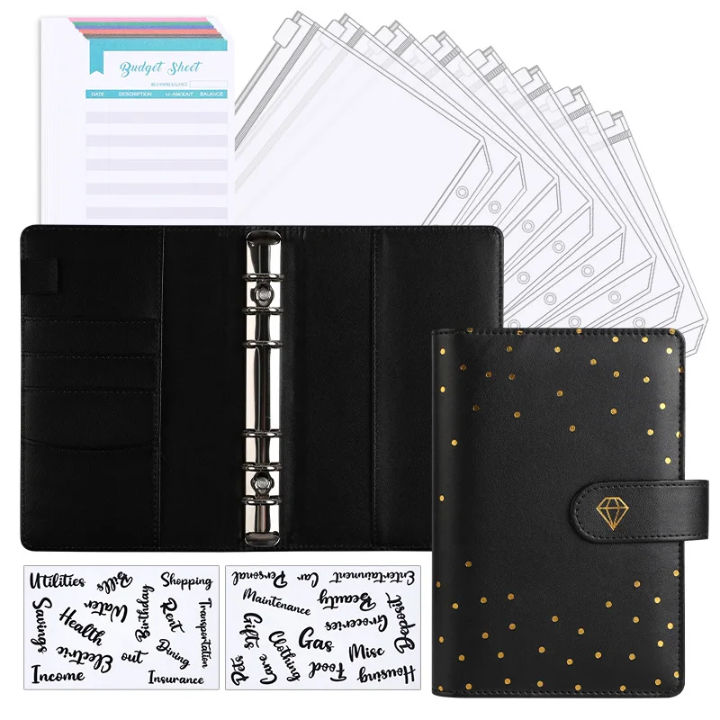 A6 Black Cover Budget Planner Binder With 8Pcs Zipper Envelopes Cash Envelopes For Budgeting Money Organizer Binde