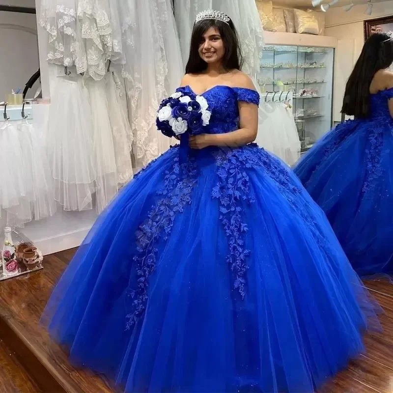 

Glittering Royal Blue Ball Gown Quinceanera Dresses Off shoulder Vestidos De 15 Anos Applique Lace Princess Birthday Party Gown