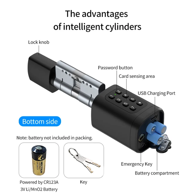 Tuya APP Fingerprint Cylinder Smart Door Lock Electronic Digital RFID Keypad Code Keyless Remote Control Adjustable 60mm-90mm 2