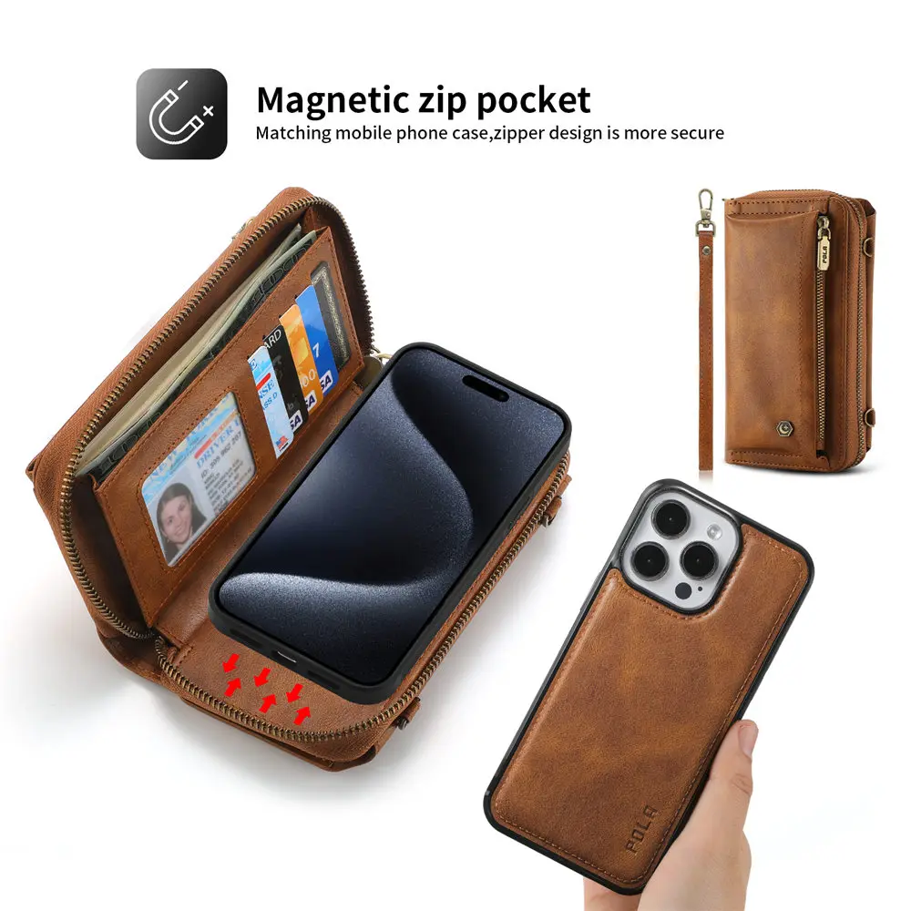 Magnetic Detachable Crossbody Wallet Leather Case For iPhone 16 15