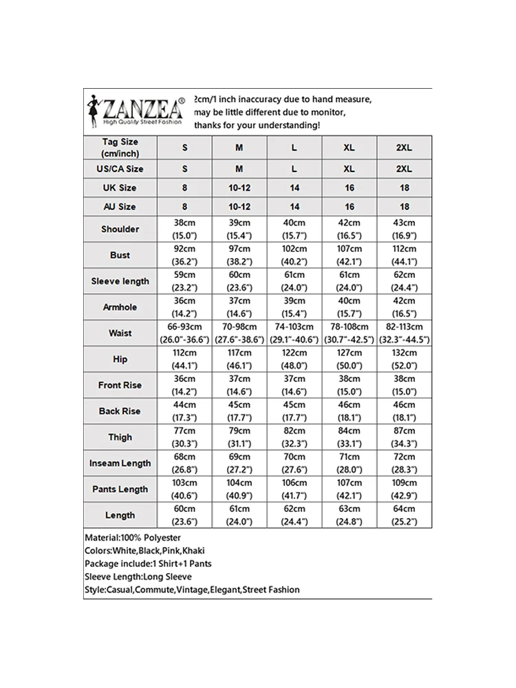 ZANZEA أنيقة 2 قطعة بانت مجموعات طويلة الأكمام مرب...
