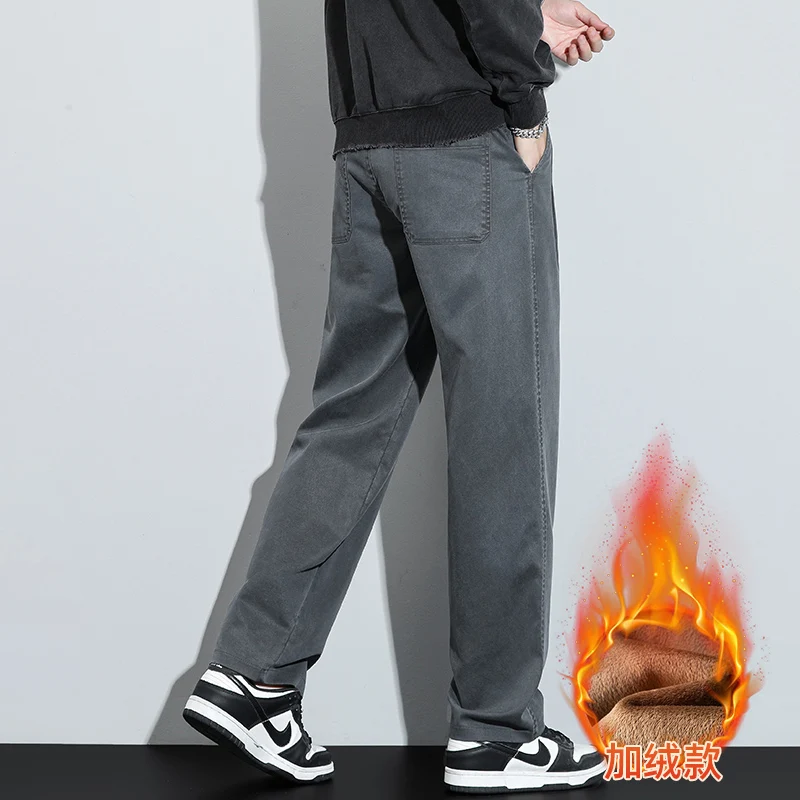 Men's Lyocell Fleece Lined Loose Straight Leg Wide Leg Cargo Pants 2025 Autumn Winter Warm Casual Long Pants Plus Size 5XL