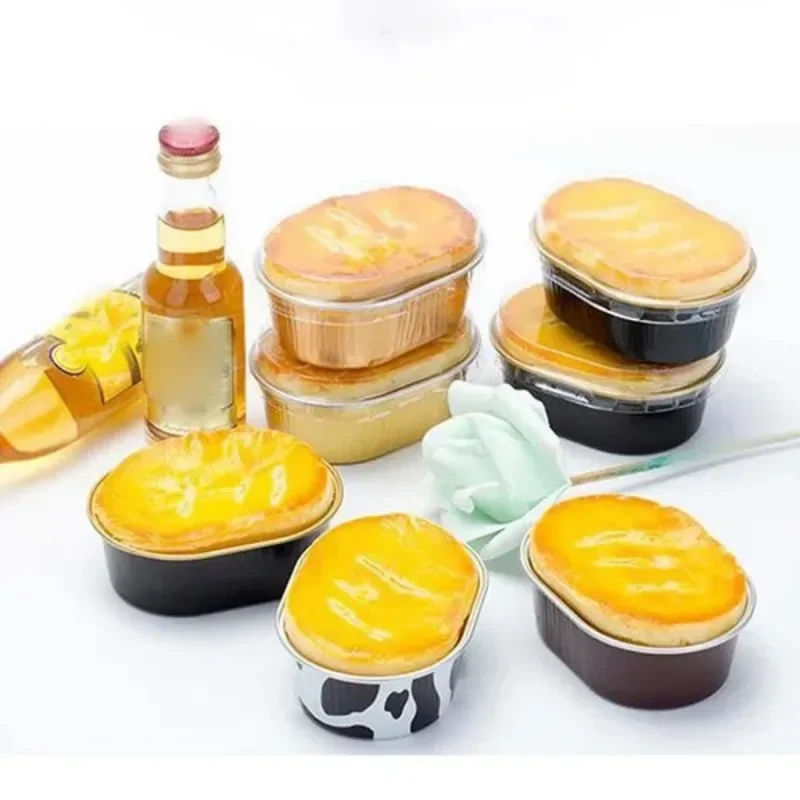 10Pcs Oval Foil Baking Molds DIY Baking Pudding Cups Heat Resistant Lid Cake Cups Half Cooked Cheese Molds
