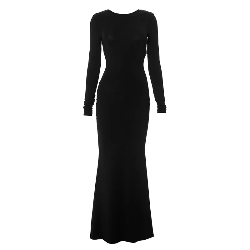Black Tee Bow Backless Long Dress Women's Fashion High Waist Luxury Elegant Party Dress Gown Female Autumn Maxi Dress