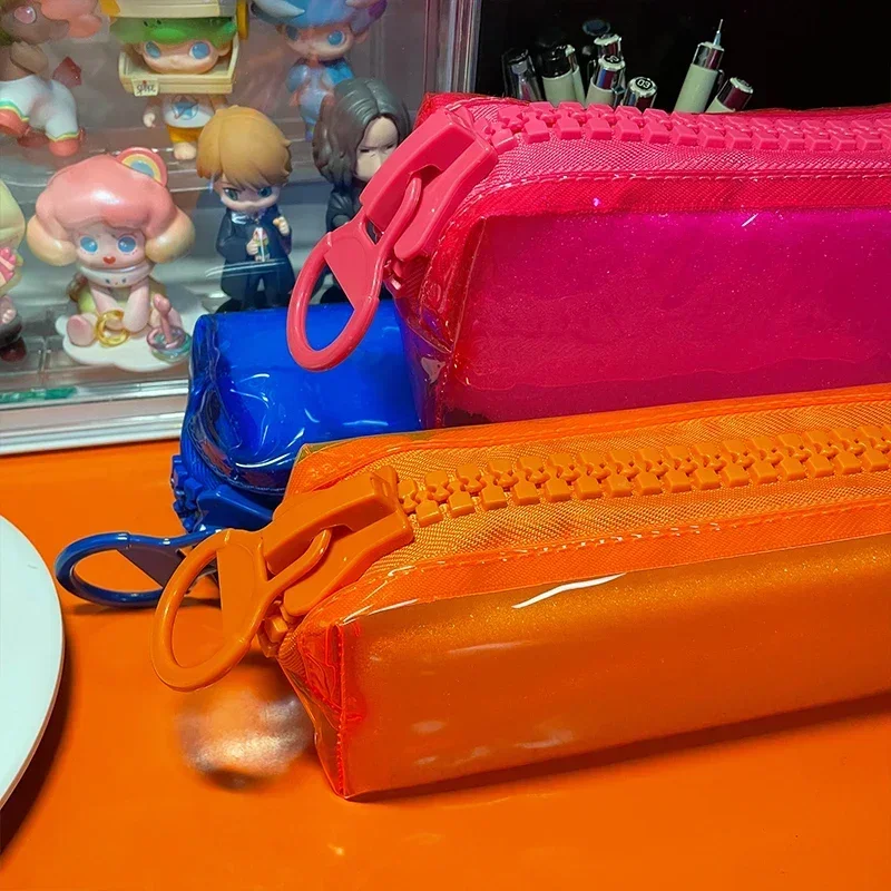 Large Zipper Pencil Case Color Square Large Capacity Student Stationery School Supplies Fluorescent Transparent PVC Storage Bag Pencil Cases
