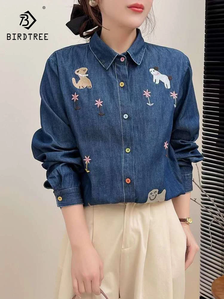 

New Spring Cotton Retro Denim Shirt Women Lapel Embroidery Tops Girl Long Sleeve Design Sense Casual Blouse 2024 Autumn T43679QC