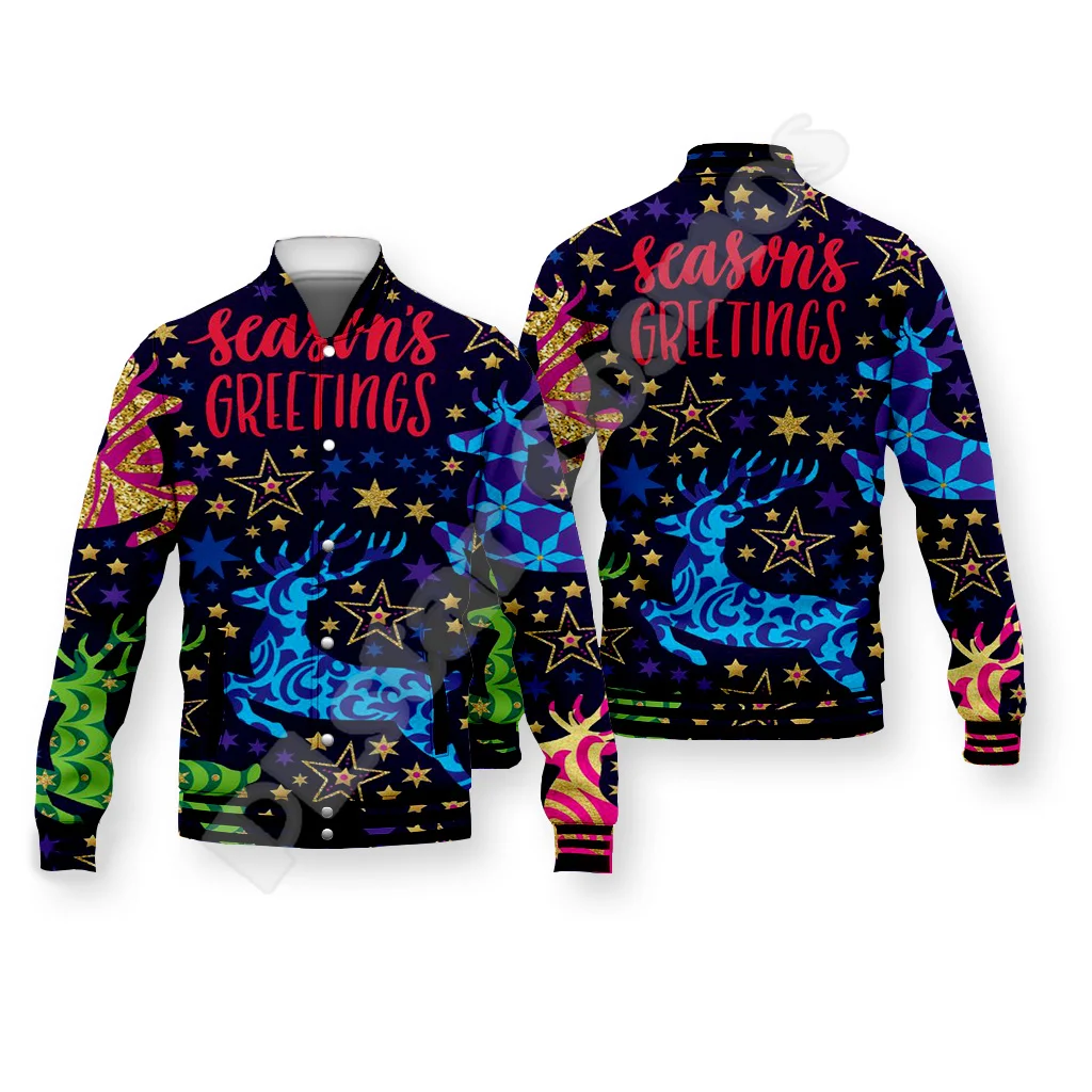 Christmas Santa Claus Pattern Xmas Tree Deer Animal Winter Warm Overcoat 3DPrint Funny Harajuku Button Cotton Baseball Jacket 14