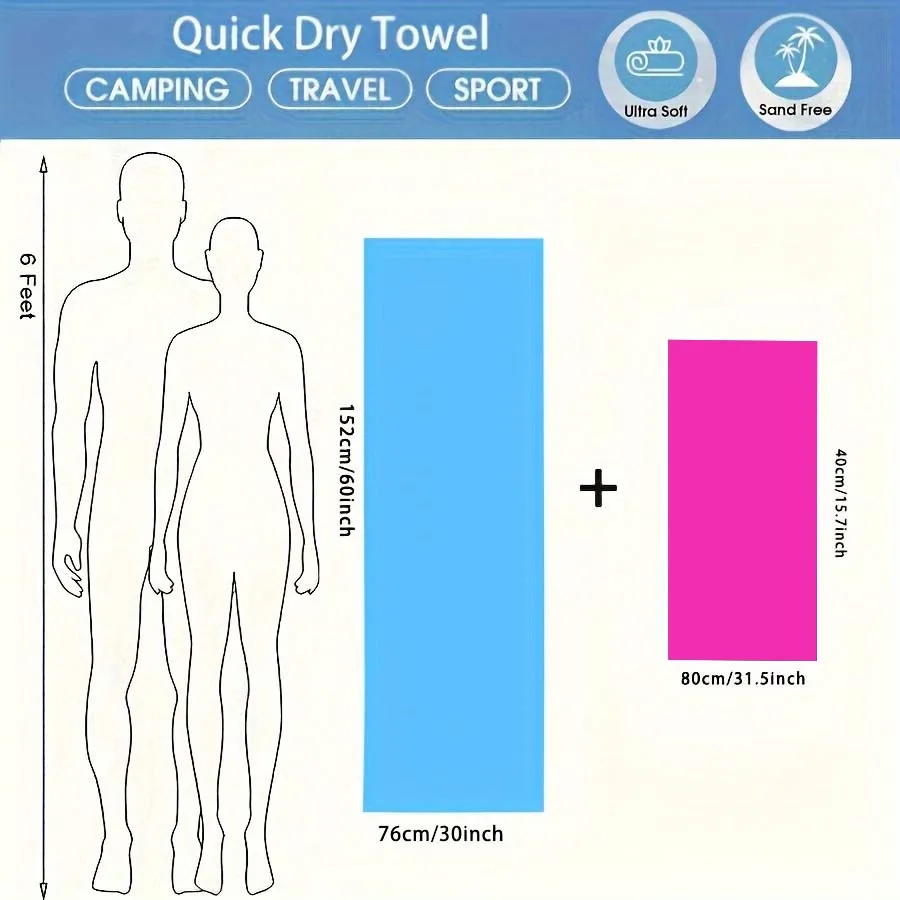 2-pcs Super-absorbent, microfibre quick-drying towel, ultra-soft compact sports towel for swimming, beach, hiking, yoga, travel 2