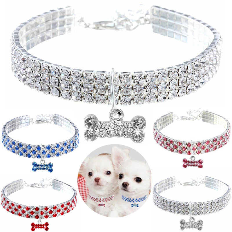 Bling Pet Dog Collar Pitbull Pug Bone Pendant Crystal Cat Collari Cani Di Piccola Taglia Chihuahua Pug Collana Loop Accessori Per Animali Domestici