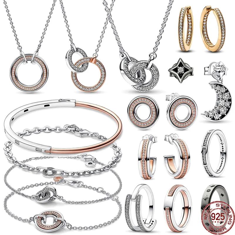 

2023 New 925 Sterling Silver Two Tone Circular Cross overlapping Set Ring Necklace Bracelet Charm Jewelry fit Women DIY Gifts