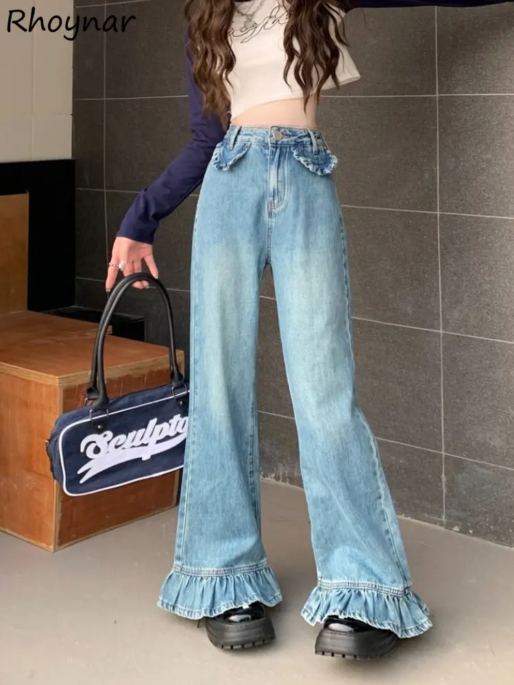 

Wide Leg Jeans Women S-4XL Ruffles Design Denim Trousers Streetwear Washed Personal Girlish Джинсы Y2k Clothes Vintage American