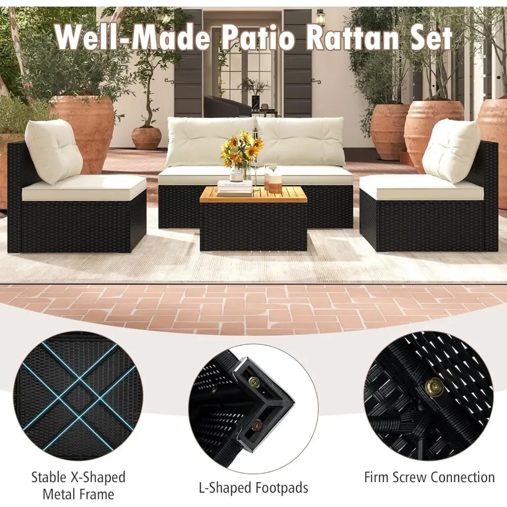 5 Piece Rattan Sofa Set, Patiojoy Outdoor Wicker Furniture Set with Seat & Back Cushions, Square Coffee Table, Garden Sofa Set 3