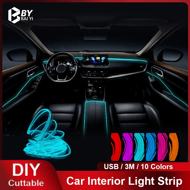 3mCarInteriorNeonLightStripUSBColdLightLineDIYAtmosphere