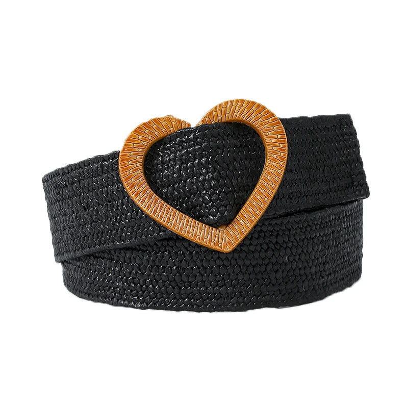 

Fashion Summer Braided Belts Heart Buckle Waist Strap Solid Color Waist Belt Women Elastic Wide Waistband Vacation Accessory