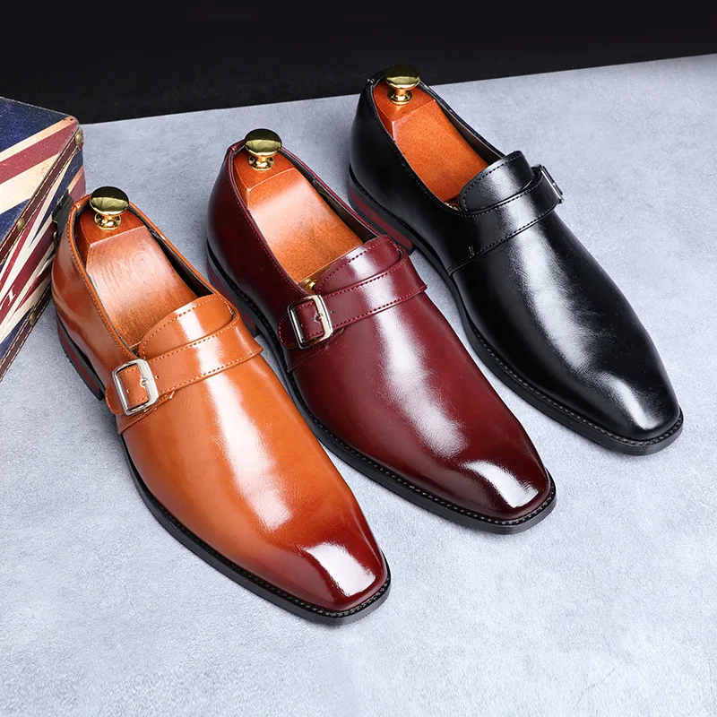 Men's Retro Casual Business Shoes Microfiber Leather Square Toe Slip-on Buckle Dress Office Flats Wedding Party Oxfords
