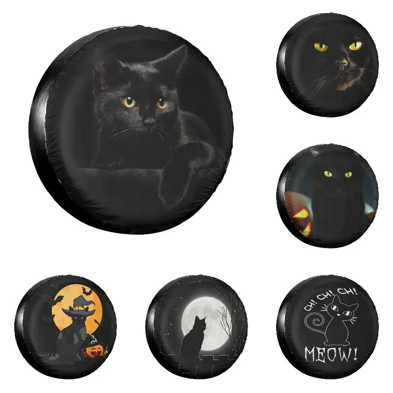 

Black Cat Spare Tire Cover Weatherproof Dust-Proof Cute Pet Kitty Animal Lover Wheel Covers for Pajero 14" 15" 16