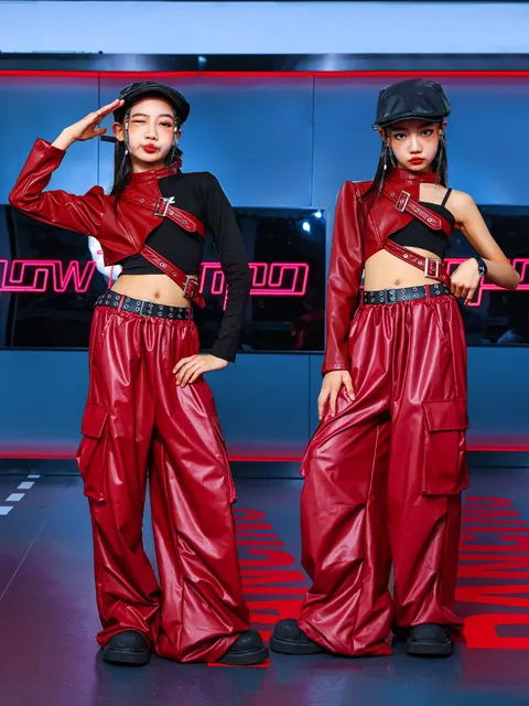 Kid Hip Hop Clothing T Shirt Crop Top Wine Red Arm Sleeve Faux Leather Casual Cargo Pants for Girl Jazz Dance Costumes Clothes - Image 4