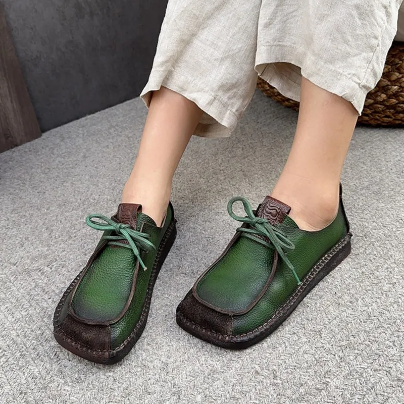 

YourSeason Genuine Leather Ladies Round Toe Shoes 2023 New Vintage Shallow Soft Sole Lace-up Handmade Flats Solid Color