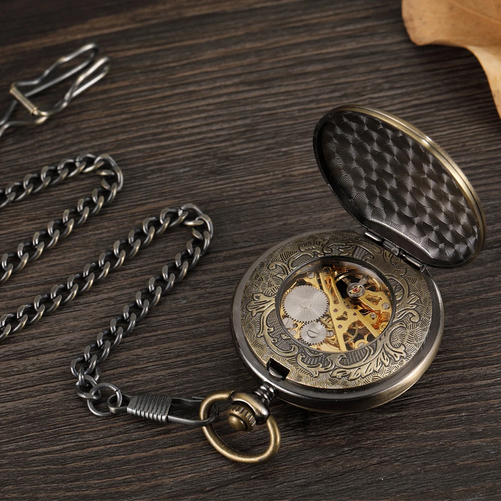 Bronze Hollow Antique Mechanical Pocket Watch for Men Engrave Roman Numerals skeleton Dia Steampunk Hand-wind Gift Box