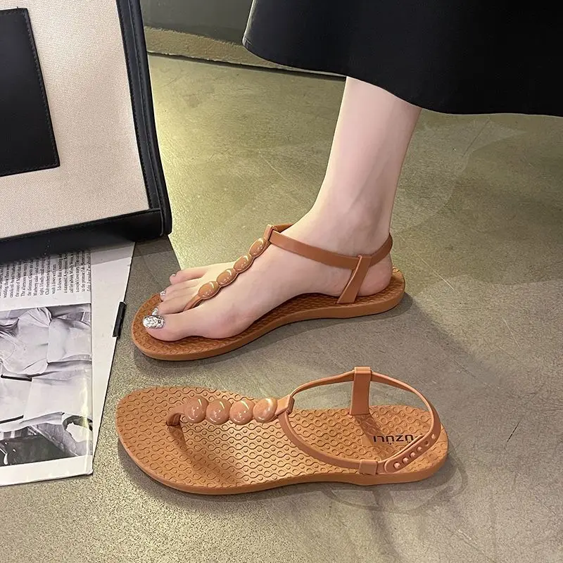 

Богемные сандалии 2024, женская летняя обувь, черные, коричневые женские модные пляжные шлепанцы, сандалии в римском стиле на плоской подошве для девушек