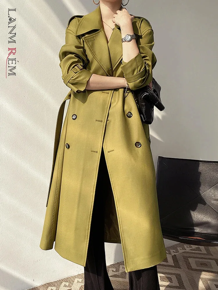 

[LANMREM] Elegant Belt Gathered Waist Trench For Women 2024 Spring New Lapel Double Breasted Temperament Windbreaker 26D8168