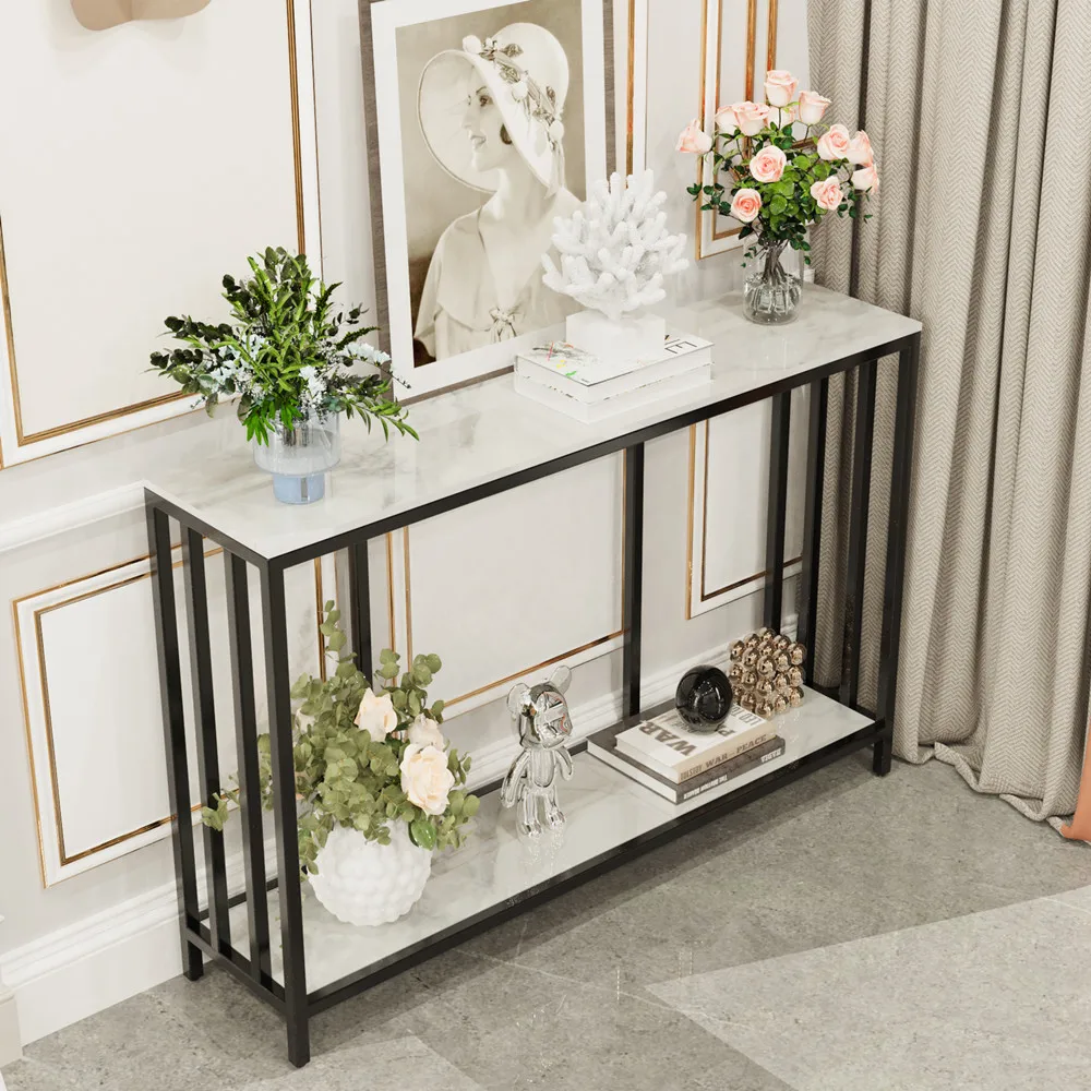 LUVODI 2 Tier Modern Console Table Hallway Entryway Floor-standing Storage Table with White Sintered Stone Marble Tabletop