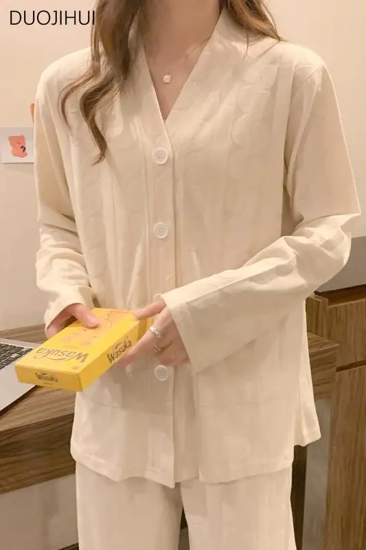 DUOJIHUI Two Piece Sweet Casual Home Pajamas for Women Autumn V-neck Chicly Cardigan Simple Fashion Pant Basic Female Sleepwear